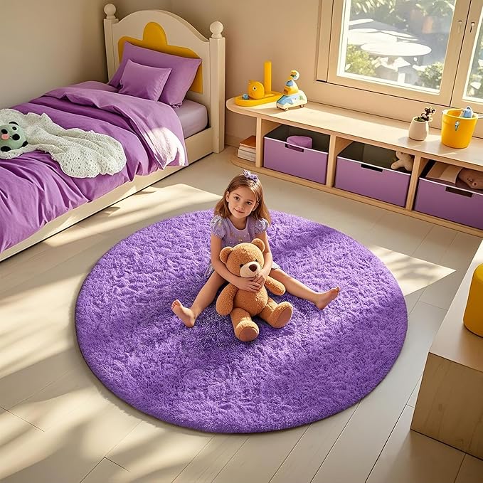Ophanie Round Rugs 5Ft Purple Circle Area Rug, Cute Room Decor for Teen Girls, Fluffy Fuzzy Bedroom Carpet, Plush Soft Shaggy Living Room Rugs for Kids Home Decor Aesthetic, Nursery