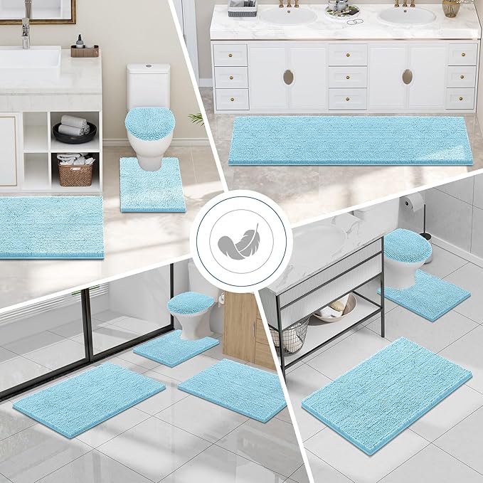 Smiry Luxury Chenille Bathroom Rugs 30x20, Extra Soft and Absorbent Shaggy Bath Mat, Machine Washable, Non-Slip Plush Carpet Runner for Tub, Shower, and Floor, Home Decor Accessories, Sky Blue