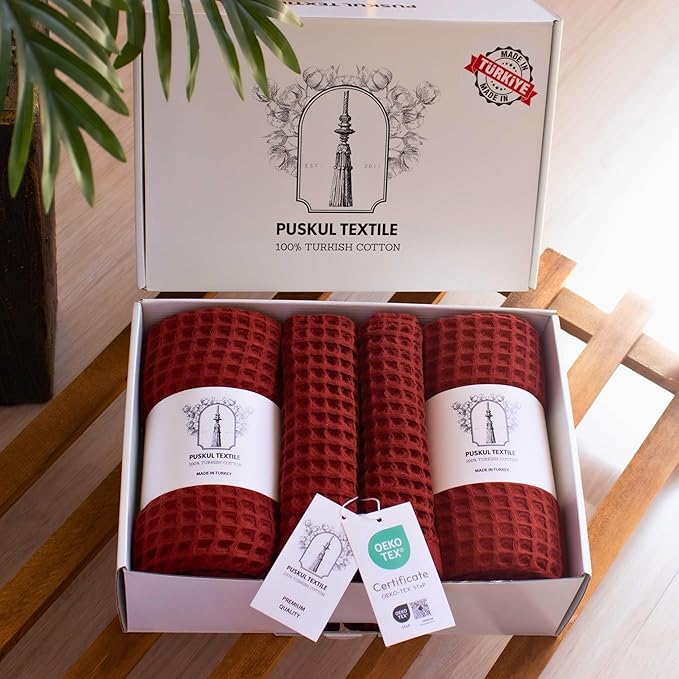 Püskül - Luxury Waffle Towel Set for Bathroom 4 Pieces Brick Red, Premium Quality Organic 100% Turkish Cotton 2 Hand and 2 Bath Towels Sets, Quick Dry Thin Waffle Towels, Made in Turkiye (Brick)