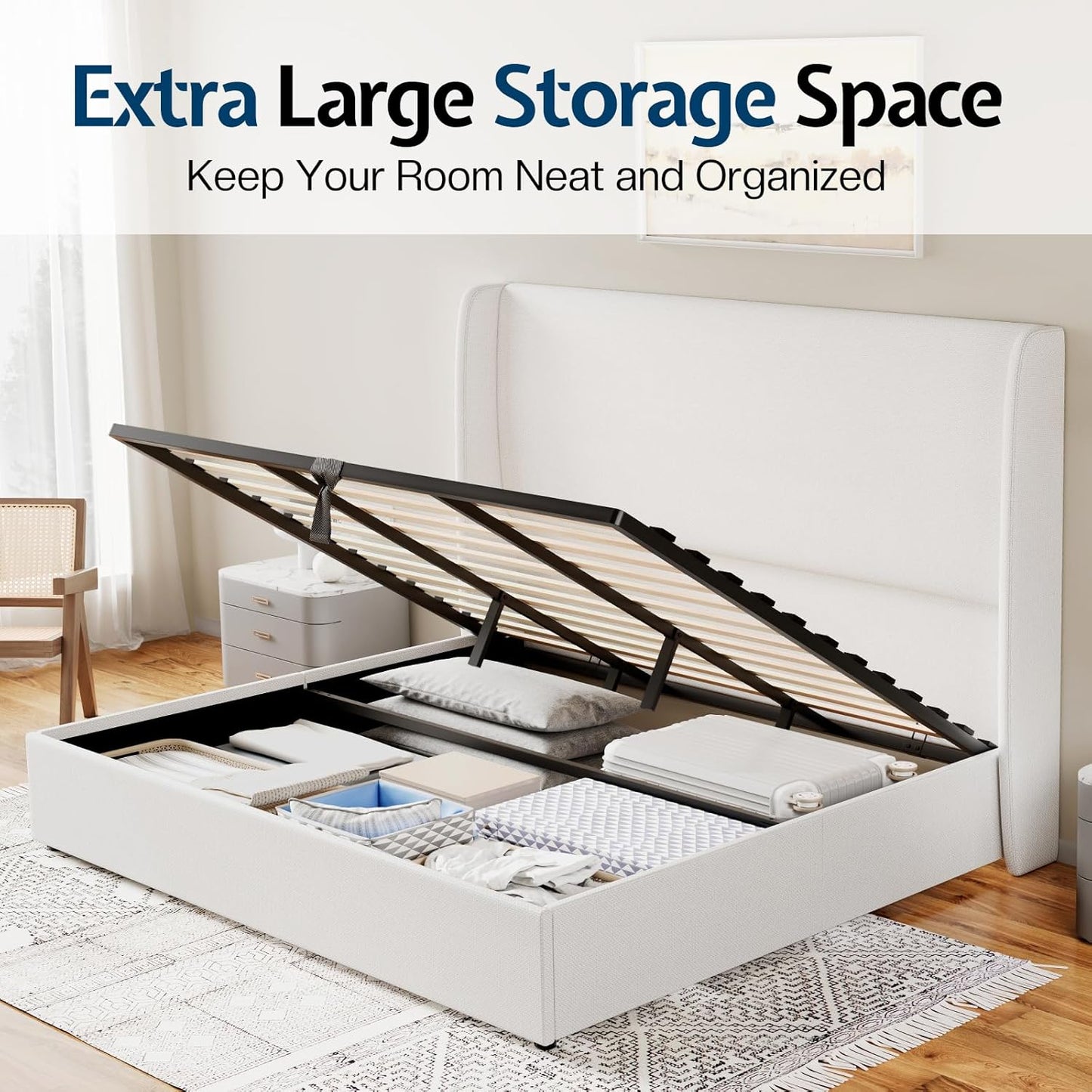 Jocisland King Size Bed Frame with Storage - Upholstered Lift Platform Bed, Wingback Headboard, Hydraulic System, No Box Spring Needed, Wood Slats Support, White