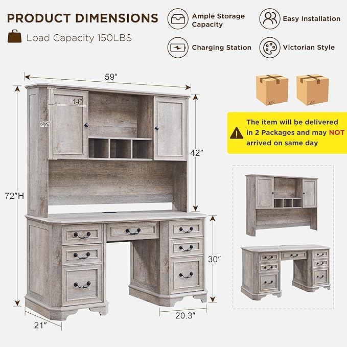 T4TREAM 59" Farmhouse Executive Desk with Hutch,Wood Home Office Computer Desk, Featuring Keyboard Tray,Charging Station,File Drawer, Storage Cabinet,for Work and Study (Light Rustic Oak)