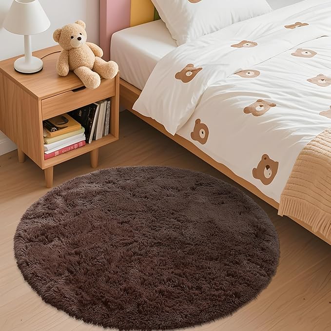 OLANLY Coffee Round Rugs for Bedroom - Machine Washable, 3 ft Circle Area Rugs for Living Room, Soft and Fluffy Shaggy Carpet for Teen Girls and Boys, Nursery Rooms, Dorms, Home Decor Aesthetic
