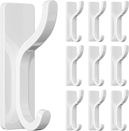 10-Pack Self Adhesive Wall Hooks for Hanging - 13 LB Strong Hold, Sticky Hangers for Coat, Towel, Purse, Keys, Bag - for Wall, Door, Bathroom, Shower, Dorm, Kitchen - Stainless Metal, White