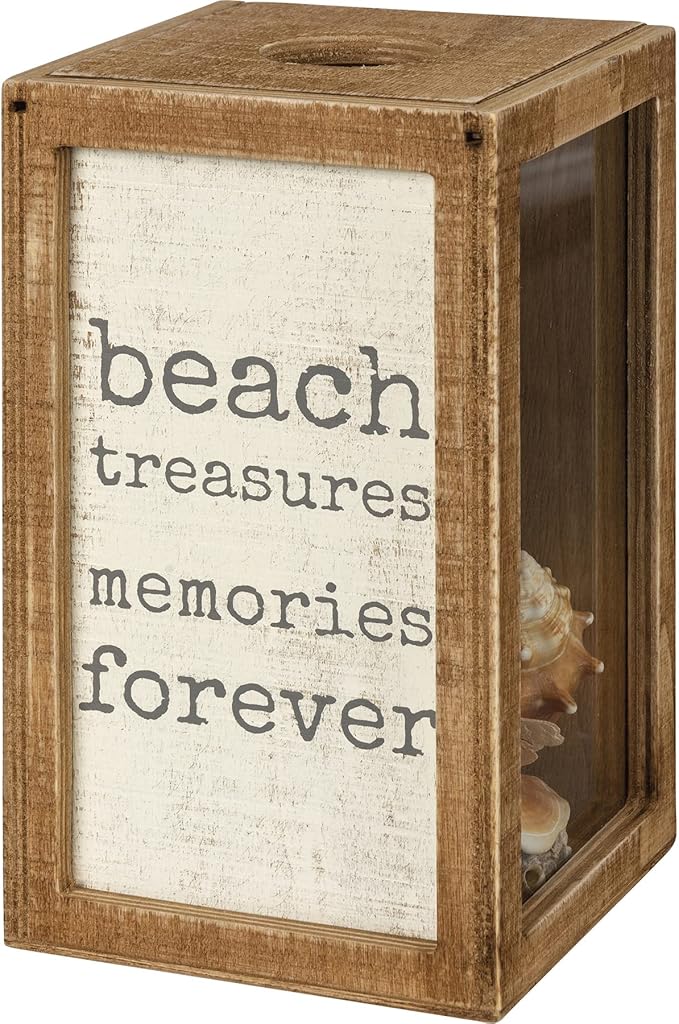 Primitives by Kathy Seashell Holder - Coastal Decor, Glass Display, Treasure Chest, Room and Bedroom Decor, Brown Wood
