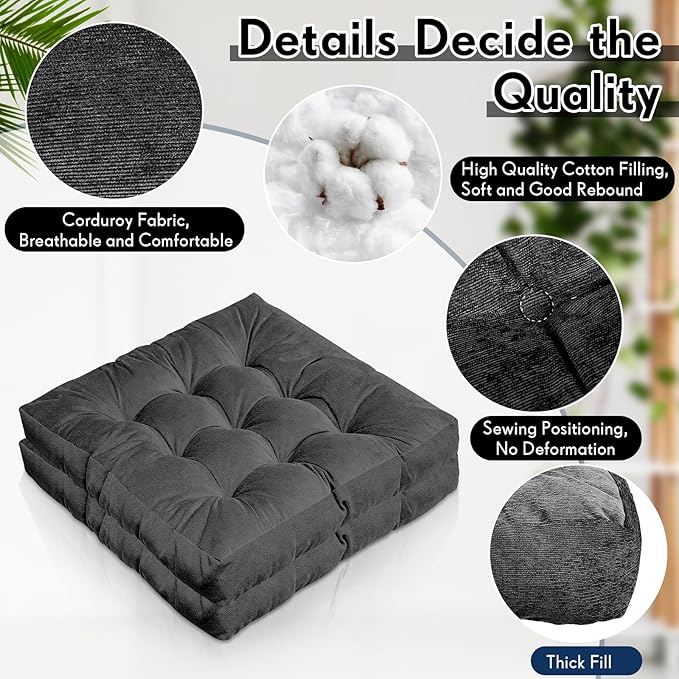 Jerify 4 Pcs Floor Pillow Cushions 22 x 22 Inch Round Square Large Meditation Floor Pillow for Classroom Adult Meditation Picnic Party Cushion for Seating Gift Christmas(Dark Grey,Square)