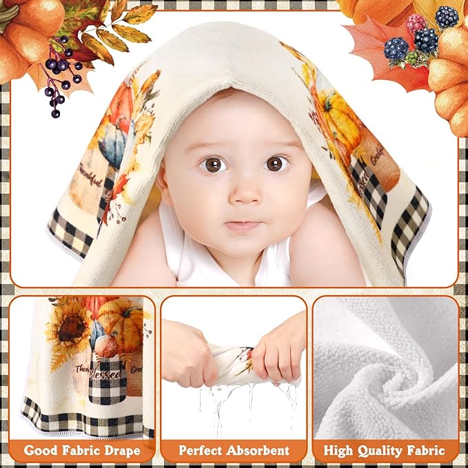 8 Pcs Hello Fall Grid Shower Curtain Set for Bathroom Include Harvest Autumn Pumpkin Shower Curtain Towels Non Slip Rugs Toilet Lid Cover Bath Mat and 12 Hooks for Autumn Bathroom Decor