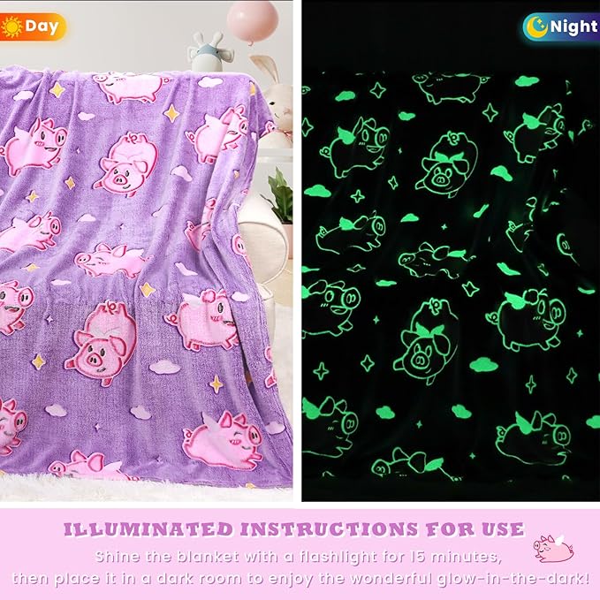 Pig Blanket Glow in The Dark Cute Pink Pig Throw Blanket for Girls Kids Pig Decor Birthday Gifts for Girls Soft Fleece Animal Blanket for Kids Christmas