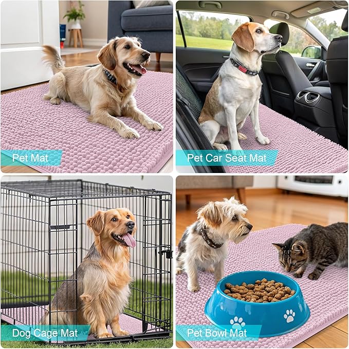 OLANLY Dog Door Mat for Muddy Paws 44x32, Absorbs Moisture and Dirt, Absorbent Non-Slip Washable Doormat, Quick Dry Chenille Mud Mat for Dogs, Entry Indoor Entryway Carpet for Inside Floor, Dusty Rose
