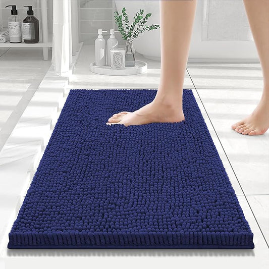 Smiry Luxury Chenille Bathroom Rugs 24x16, Extra Soft and Absorbent Shaggy Bath Mat, Machine Washable, Non-Slip Plush Carpet Runner for Tub, Shower, and Floor, Home Decor Accessories, Deep Blue