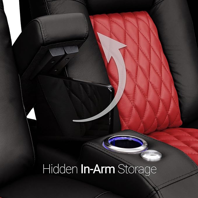 Seatcraft Diamante - Home Theater Seating - Living Room - Power Recline - Italian Leather - Powered Headrests - Cupholders - USB Charging - Ambient Lighting - Arm Storage, Black/Red, Row of 4