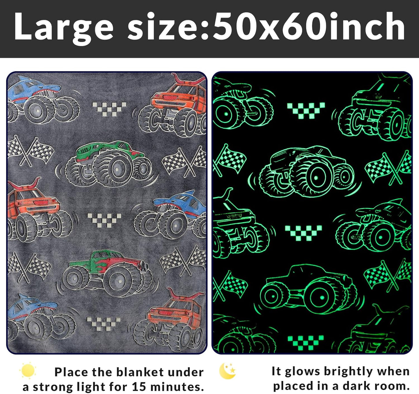 Kids Boys Truck Toys Car Blanket Gifts - Glow in The Dark Fleece Throw Blanket for Couch Bed Sofa Room Decor Birthday Christmas Easter 50" x 60"