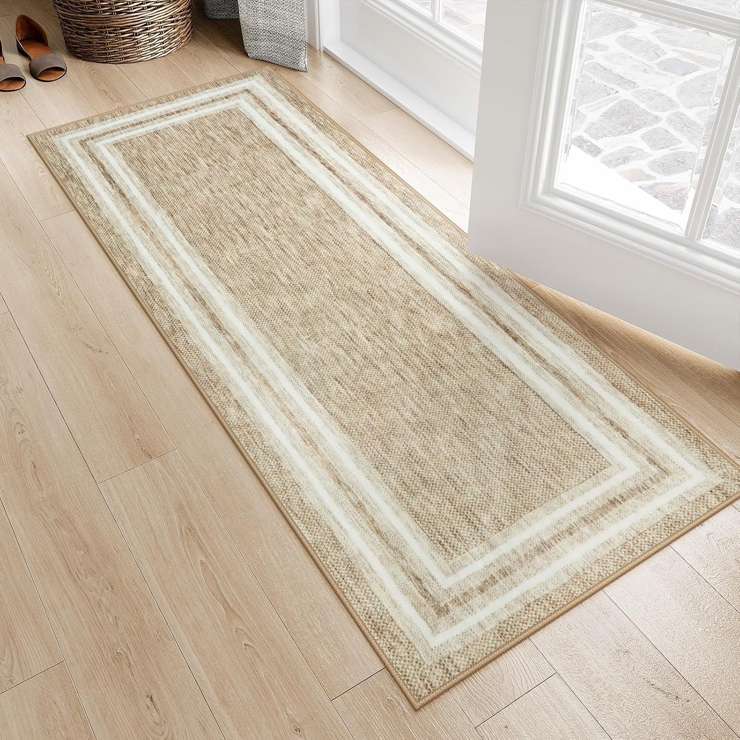 OJIA Runner Rug 2'x5' Kitchen Rugs Non Slip Washable Rug Runners for Hallways Printed Thin Soft Entryway Rugs Indoor Non Skid Bathroom Carpet Floor Runner for Bedroom Laundry Room, Beige