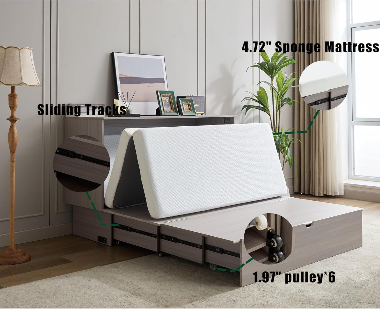 KEIKI Murphy Bed Cabinet Queen - Foldable Wall Bed with Foam Mattress, 2 Large Storage Drawers & USB Charging Station, Space Saving Furniture for Guest Room, Bedroom, Office, Living Room, Grey