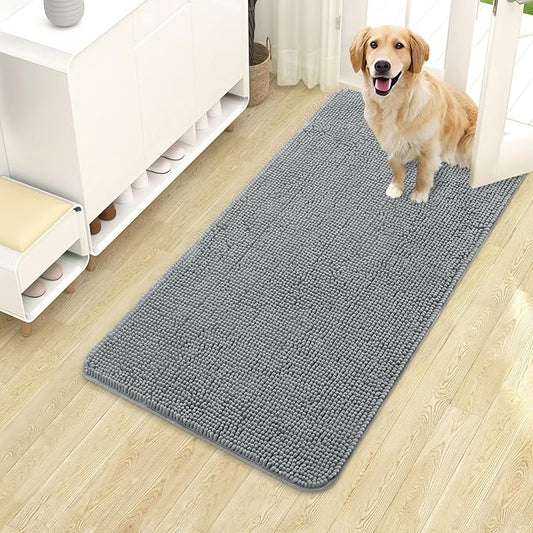 OLANLY Dog Door Mat for Muddy Paws 40x24, Absorbs Moisture and Dirt, Absorbent Non-Slip Washable Doormat, Quick Dry Chenille Mud Mat for Dogs, Entry Indoor Entryway Carpet for Inside Floor, Grey