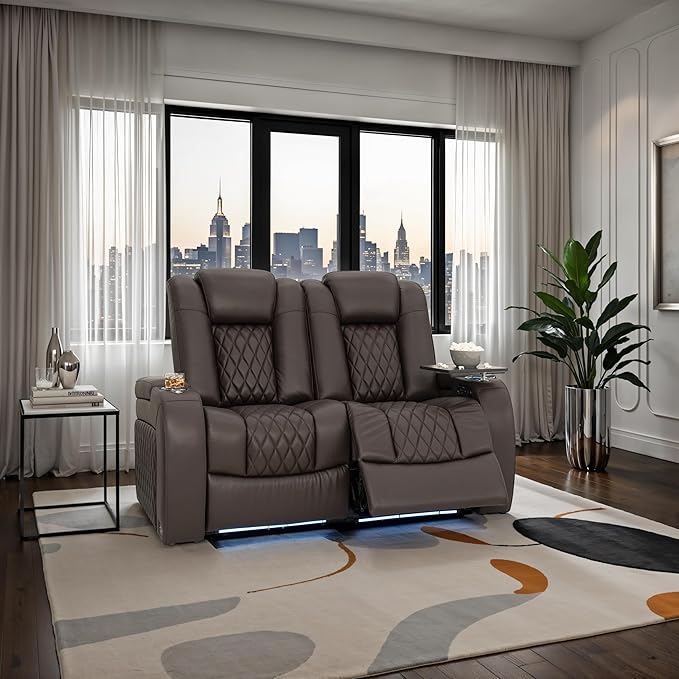 Seatcraft Diamante Zero-Gravity CoolZero Italian Leather Home Theater Seating, Power Headrest, Power Recline, Row of 2 Loveseat, Brown