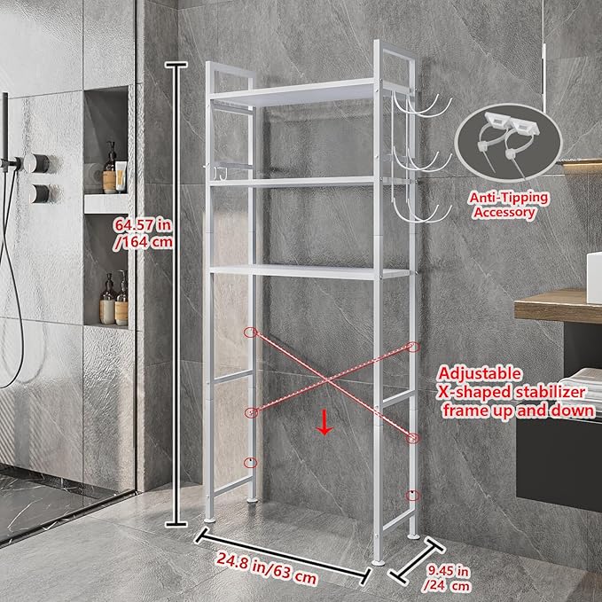 Over The Toilet Storage Rack 3 Tier Bathroom Organizer Shelf Over Toilet Freestanding Space Saver Toilet Stands with 10 Hooks Multifunctional (White)