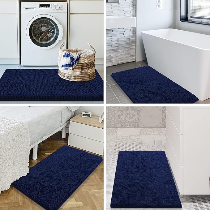 Smiry Luxury Chenille Bathroom Rugs 34x21, Extra Soft and Absorbent Shaggy Bath Mat, Machine Washable, Non-Slip Plush Carpet Runner for Tub, Shower, and Floor, Home Decor Accessories, Navy Blue