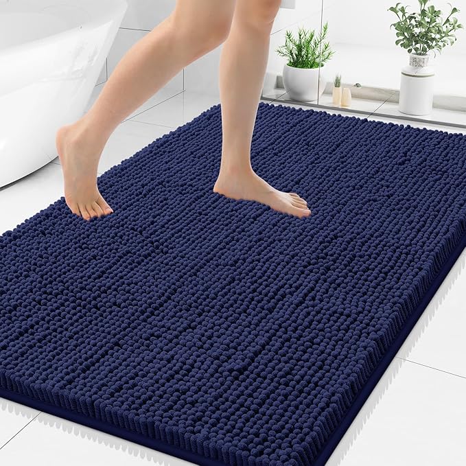 Smiry Luxury Chenille Bathroom Rugs 48x32, Extra Soft and Absorbent Shaggy Bath Mat, Machine Washable, Non-Slip Plush Carpet Runner for Tub, Shower, and Floor, Home Decor Accessories, Navy Blue
