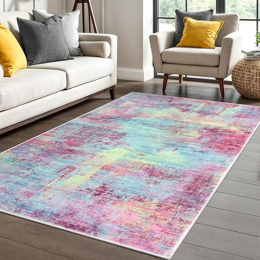 IOHOUZE Abstract Area Rug 4x6 Ft Washable Rugs for Entryway Indoor, Non Slip Small Living Room Rugs Printed Faux Wool Throw Rug, Floor Carpet for Kitchen Nursery Playroom, Pink Teal
