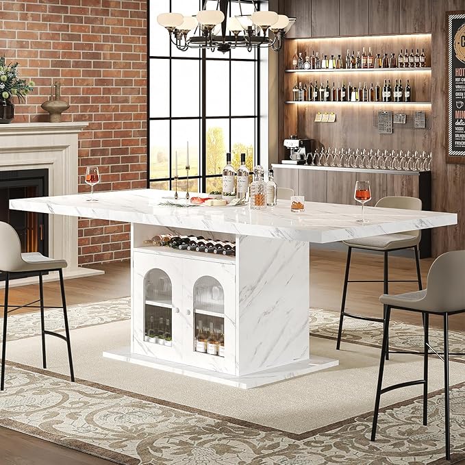 HSH Dining Table for 4–6, 63" Modern Kitchen Dining Room Table with Storage Shelves & Acrylic Door Cabinet,Wood Rectangle Dinner Table with Faux Marble Top for Home Apartment, White Faux Marble