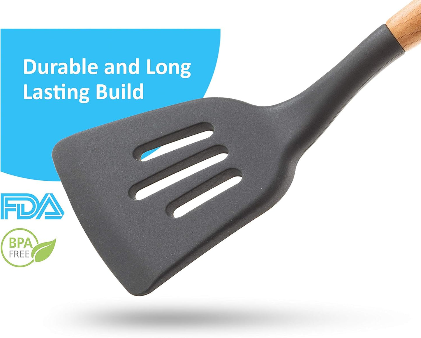 6 Pcs Cookward Silicone Cooking Utensils Set-Natural Wood Kitchen Utensils – Eco Friendly & BPA Free, Non-Scratch & Non-Stick Easy Grip -Dark gray