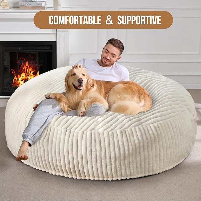 Hobestluk 6ft Bean Bag Chairs for Adults Large Beanbag Chair with Stripe Plush Cover Big Bean Bag Chair for Living Room Bedroom Dorm Office - White (70" x 70" x 15")