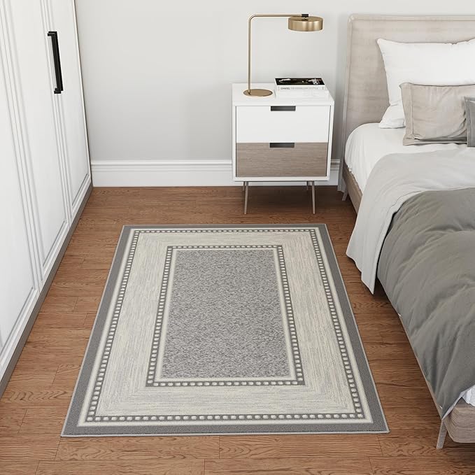 Ottomanson 3'3" x 5' Rugs for Living Room Border Area Rug for Bedroom - Non Slip Durable Large Floor Carpet for High Traffic Areas - Indoor Rug for Dining Room Kitchen Kids Playroom, Light Gray