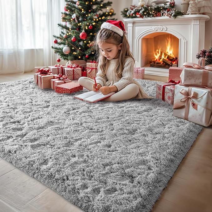 3x5 Light Grey Small Throw Rug for Entryway Non Slip, Mini Fluffy Grey Rugs for Bedroom, Plush Furry Cozy Front Entrance Indoor Floor Carpet Home Decor Aesthetic Nursery