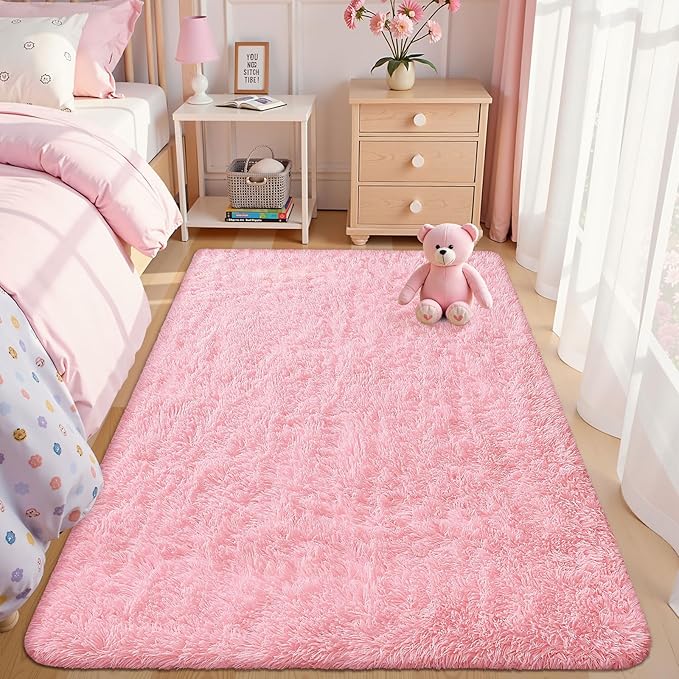 OLANLY Area Rugs for Living Room Bedroom, Machine Washable 4x5.9 ft Soft Fluffy Shaggy Bedside Rug, Indoor Floor Carpet for Kids Girls and Boys, Dorms, Nursery Rooms, Home Decor Aesthetic, Pink