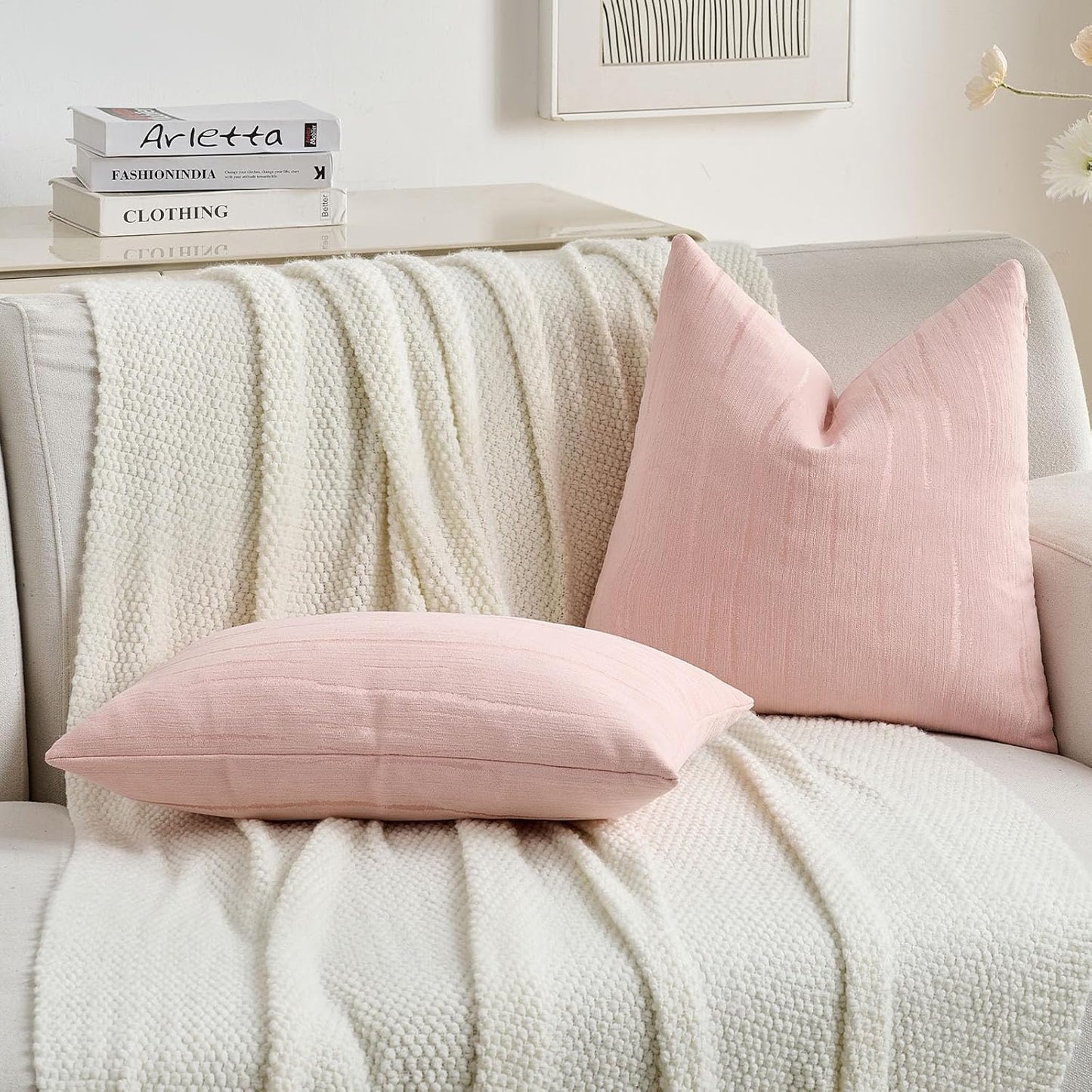 FUTEI Pink Chenille Decorative Throw Pillow Covers 18x18 Inch Set of 2,Soft Embossed Striped Textured Cushion Case,Modern Home Decor for Couch Bed Living Room