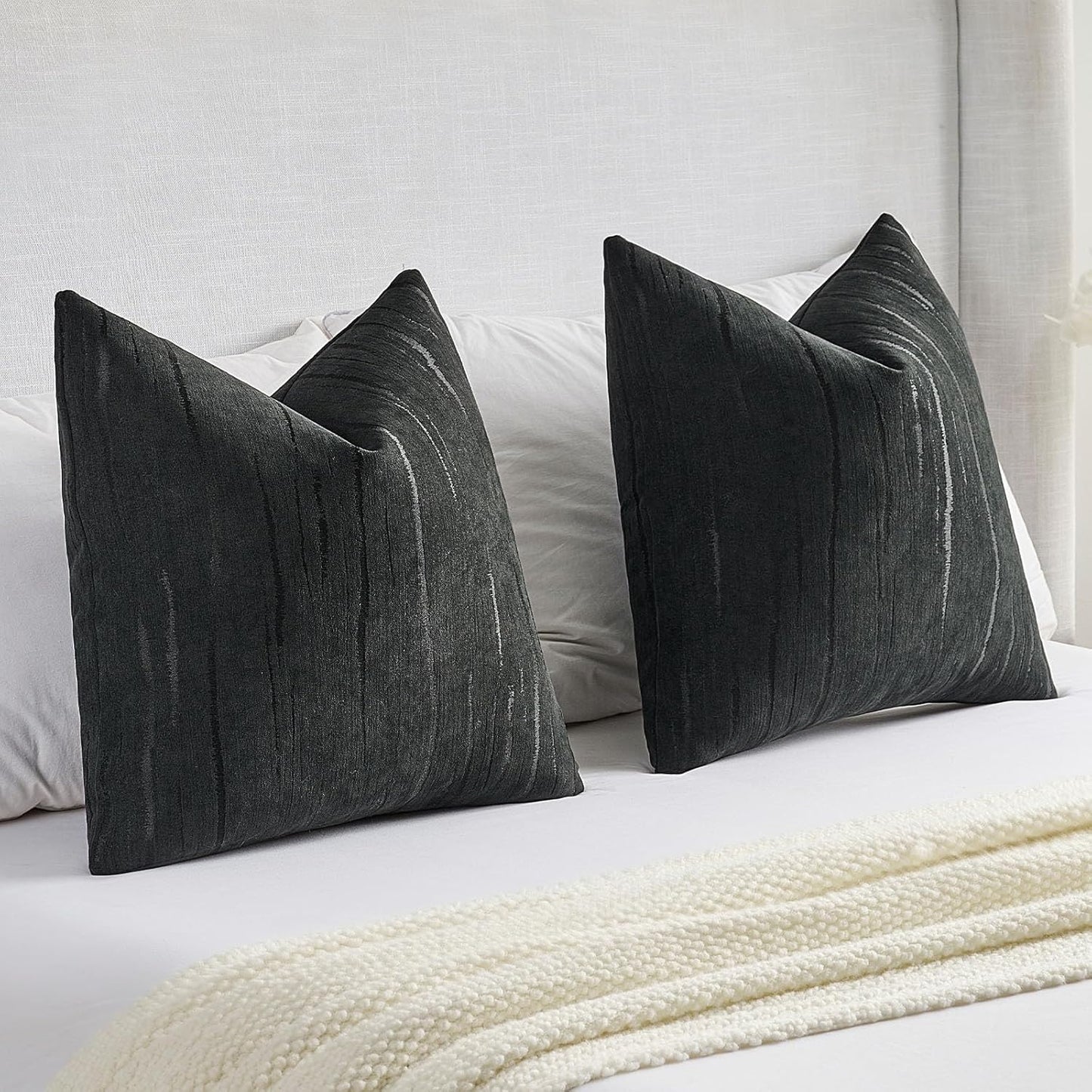FUTEI Black Chenille Decorative Throw Pillow Covers 12x20 Inch Set of 2,Soft Embossed Striped Textured Lumbar Pillow Cases,Modern Home Decor for Couch Bed Living Room