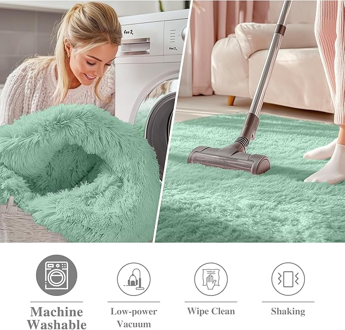 OLANLY Mint Green Round Rugs for Bedroom - Machine Washable, 4 ft Circle Area Rugs for Living Room, Soft and Fluffy Shaggy Carpet for Teen Girls and Boys, Nursery Rooms, Dorms, Home Decor Aesthetic