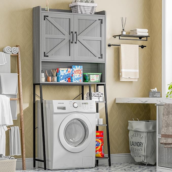 Over The Toilet Storage Cabinet, Farmhouse Storage Cabinet Over Toilet with Barn Doors & Toilet Paper Holder Stand，Home Space-Saving Toilet Rack, for Restroom/Laundry and Bathroom