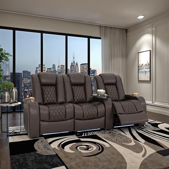 Seatcraft Diamante Zero-Gravity CoolZero Italian Leather Home Theater Seating, Power Headrest, Power Recline, Row of 3 Left Loveseat, Brown