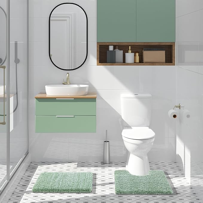 Yimobra Toilet Rugs U Shaped Washable 24x20, Ultra Soft and Water Absorbent Bath Mats, Non Slip Fluffy Shaggy Luxury Microfiber Contour Bath Rugs for Toilet, Dry Quick, Light Green and White