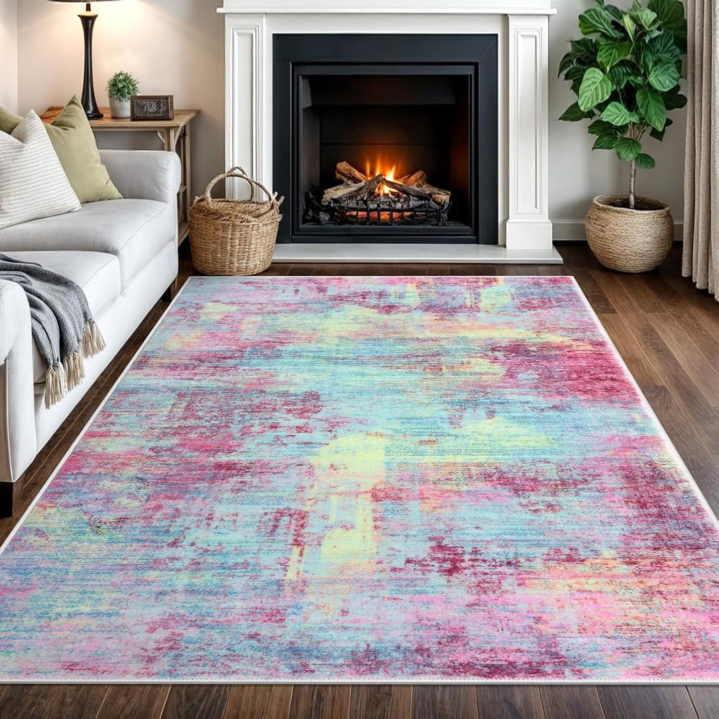 IOHOUZE Abstract Area Rugs 5x7 Ft Washable Rugs for Living Room, Non Slip Dining Room Rug, Printed Faux Wool Rugs for Bedroom, Floor Carpet for Office Nursery Playroom, Pink Teal