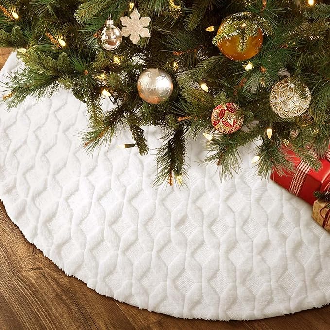 Hommtina Christmas Tree Skirt 48 Inches White Tree Skirt,Christmas Tree Decorations Faux Fur Tree Skirt for Xmas Holiday Home Party Decorations Ornaments (White Stripe)