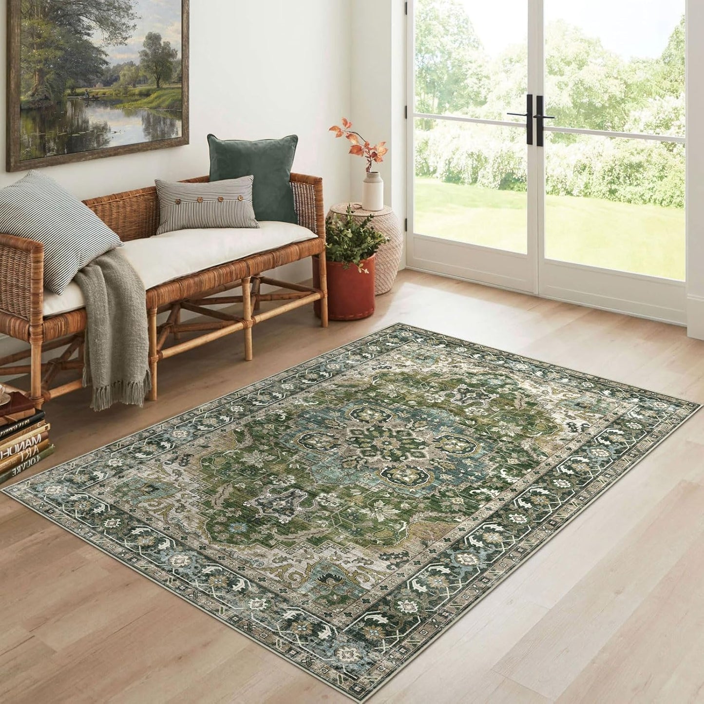 3x5 Washable Area Rug - Small Entryway Rug Non-Slip Moss Green Vintage Oriental Kitchen Rugs Low Pile Boho Carpet Throw Rugs for Living Room Bedroom Bathroom Entrance Dorm Office Home Decor