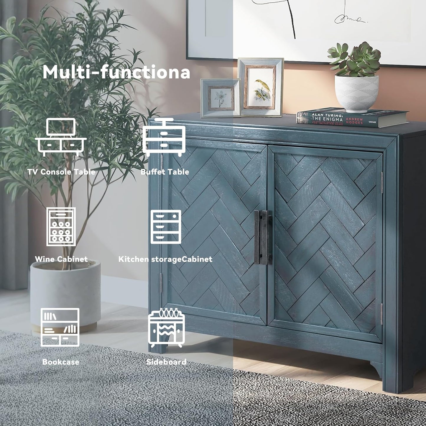 HMFULE 40" Sideboard Cabinet 2-Doors Solid Wood, Retro Buffet Cabinet with Storage Adjustable Shelf, Console Table Accent for Hallway, Living Room, Dining Room, Kitchen, Entry Way (Antique Blue)