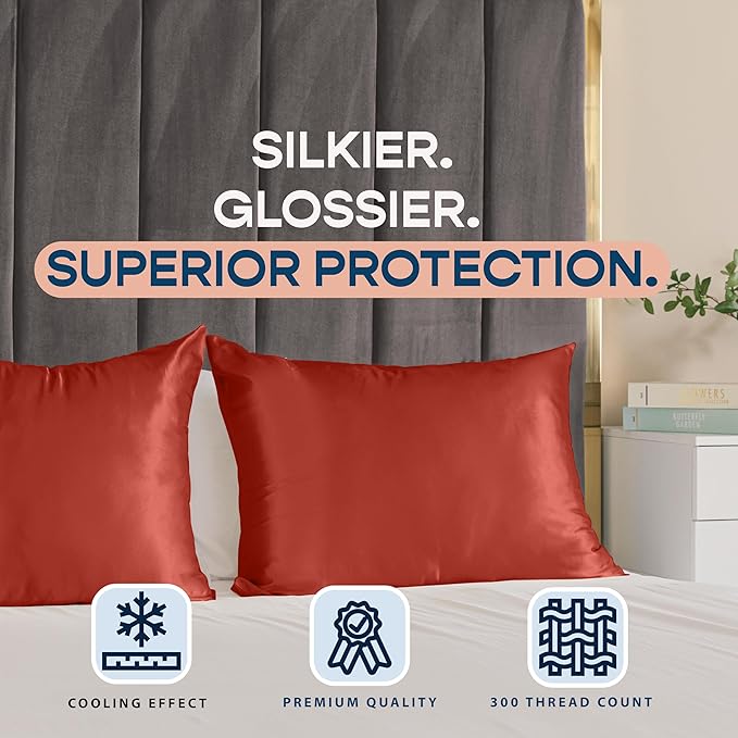 Satin Pillowcase with Zipper, for Hair and Skin Care, Feels Soft and Cool Like a Silk Pillowcase, Satin Pillow Cases 2 Pack, Slik Pillow Cover, Rust - King Size, Set of 2