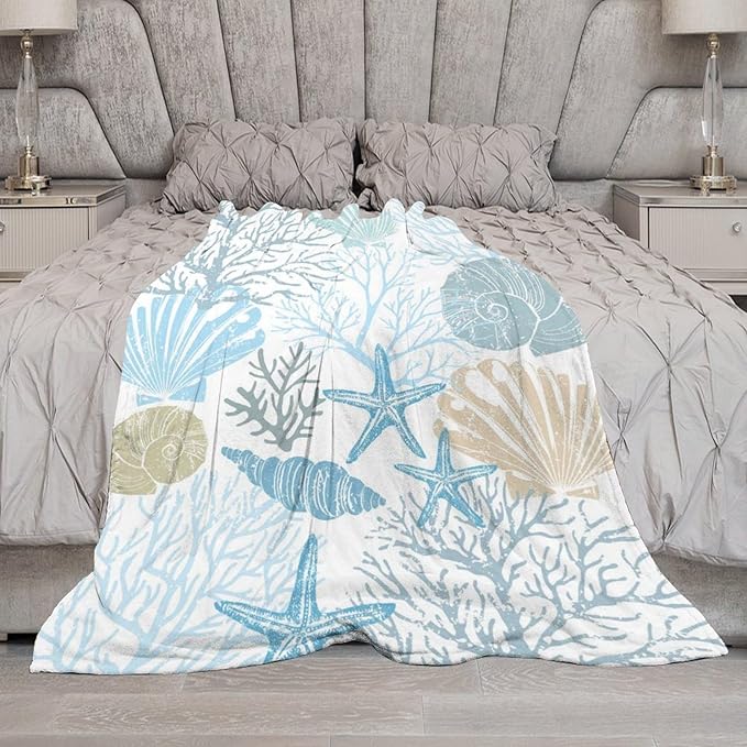 Starfish Seashell Throw Blanket for Teens Boys Girls and Adults Soft Warm Cozy Funny Midweight Food Flannel Blankets for Couch Sofa Bed Camping Travel Home Decor 50" X 60"