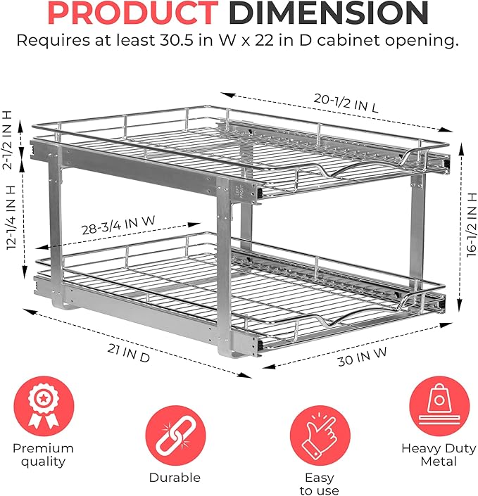 HOLDN’ STORAGE Two Tier Pull Out Cabinet Organizer, Individual Sliding Drawers - Heavy Duty Metal with Lifetime Limited Warranty - Anti Rust Chrome Finish - 30.5" W x 21”D x 16.5" H