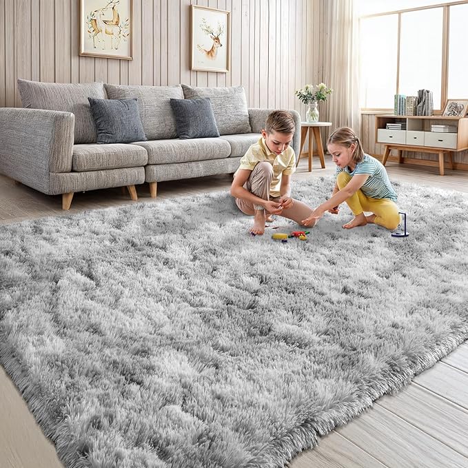 5x7 Tie Dyed Grey Fluffy Area Rugs for Bedroom, Soft Indoor Plush Rug for Living Room, Large Furry Fuzzy Shag Floor Carpet for Kids Nursery Boys Room Dorm Classroom Home Office Decor Mat