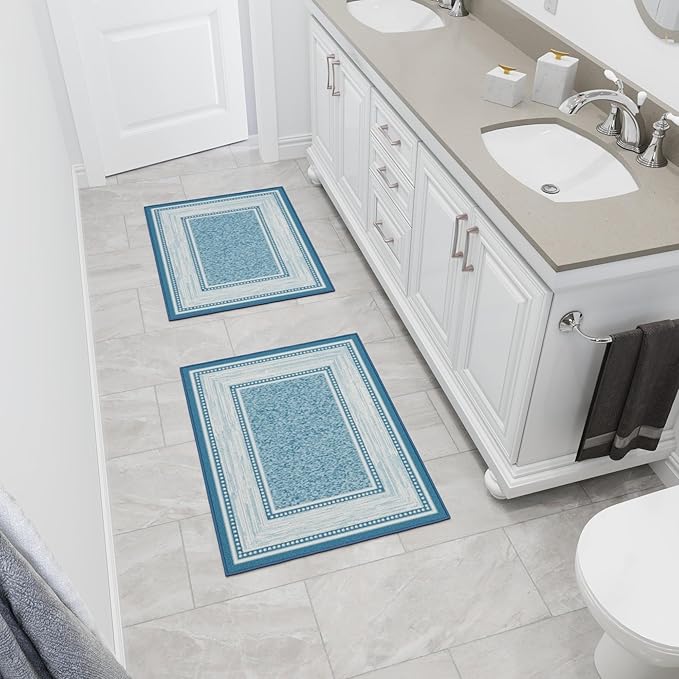 Ottomanson Rugs for Entryway 2'3" x 3' - 2 Pack Non Slip Border Small Area Rugs Durable Front Door Mat Rug Stain Resistant Entrance Rugs for Bathroom Kitchen Bedroom & Living Room, Turquoise