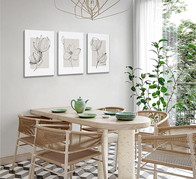 3Pcs Neutral Botanical Canvas Wall Art Beige Simple floral Painting Pictures Wall Decor Vintage Line flower Poster Print Artwork for Living Room Bedroom Bathroom Scene Home Decoration