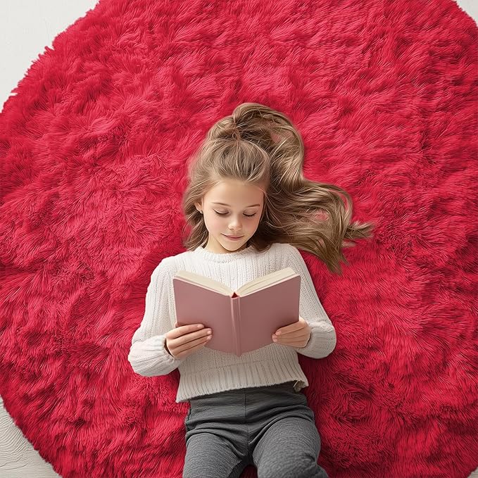 OLANLY Red Round Rugs for Bedroom - Machine Washable, 5 ft Circle Area Rugs for Living Room, Soft and Fluffy Shaggy Carpet for Teen Girls and Boys, Nursery Rooms, Dorms, Home Decor Aesthetic