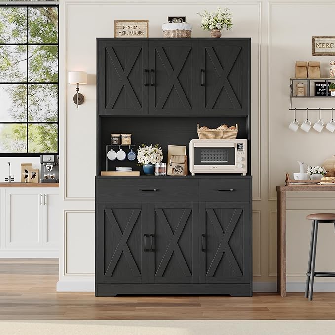 HOSTACK 71" Pantry Cabinet with Charging Station, Tall Kitchen Pantry Storage Cabinet with Microwave Stand, Farmhouse Kitchen Hutch with Storage Drawers for Living Room, Dining Room, Black Wood Grain