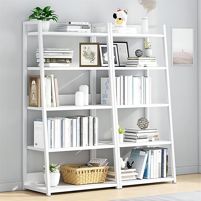 IOTXY 5 Tier Open Bookshelf - Steel and Wood Display Stand, 50CM Width Floor-Standing Bookcase, White