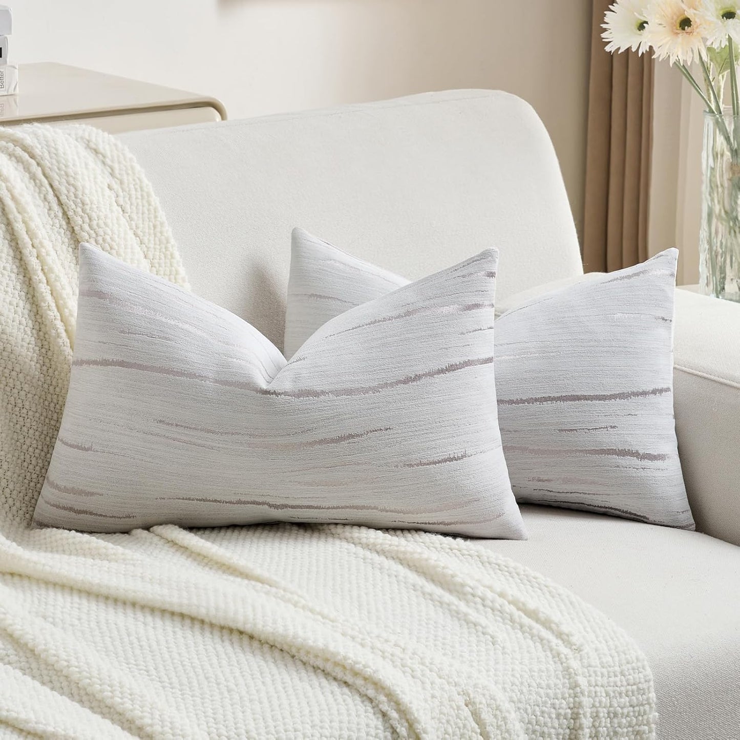 FUTEI Grey Chenille Decorative Throw Pillow Covers 12x20 Inch Set of 2,Soft Embossed Striped Textured Lumbar Pillow Cases,Modern Home Decor for Couch Bed Living Room