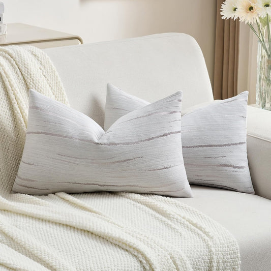 FUTEI Grey Chenille Decorative Throw Pillow Covers 12x20 Inch Set of 2,Soft Embossed Striped Textured Lumbar Pillow Cases,Modern Home Decor for Couch Bed Living Room